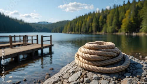 Coiled Rope on Rock by Lake with Wooden Dock and Forest Background
