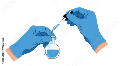 Gloved hands use dropper to dispense blue liquid into a flask.