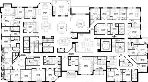 Extensive floor plan of a large building, possibly a hotel, dormitory, or assisted living facility, with numerous rooms, common areas, and accessibility features.