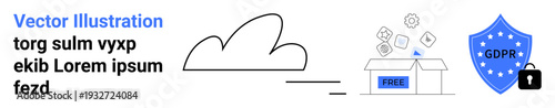 Data security, cloud computing, privacy protection, content sharing, online storage, compliance. A cloud icon next to a shield labeled GDPR and a box with free icons. Data security and cloud
