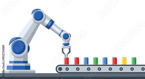 Robotic arm picks up red can from conveyor belt carrying colorful cans.