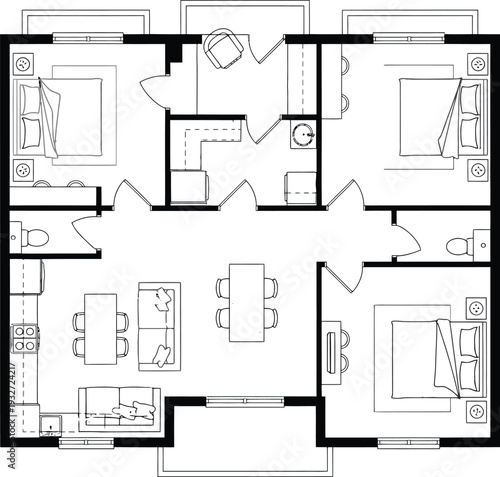 Spacious 800 Sq Ft Four Bedroom House Floor Plan Blueprint with Living and Dining Areas