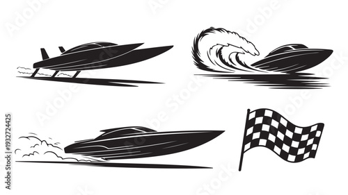 Speedboat Racing Illustrations in Monochrome Style with Dynamic Motion and Checkered Flag for Sports Graphics