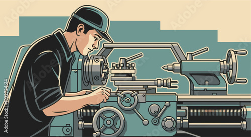 Illustrated machinist operates a lathe machine, carefully crafting a component, depicted in a retro style with clean lines and muted teal and beige tones.