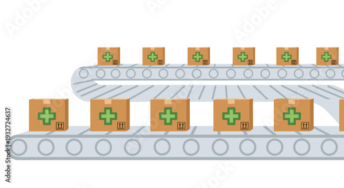Brown cardboard boxes with green cross symbols are moving along two parallel grey conveyor belts in a clean, automated facility.