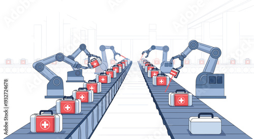Robotic arms are precisely handling and packaging white and red first aid kits on an automated conveyor belt within a factory setting.