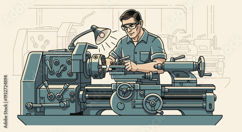 Illustration of a man operating a metal lathe machine, wearing safety glasses, under bright light, showcasing manufacturing, precision engineering, and industrial processes.