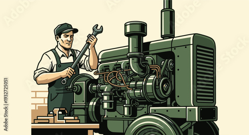 An earnest mechanic examines the engine of an vintage green tractor holding a wrench, depicting repair, maintenance, and old farm equipment.