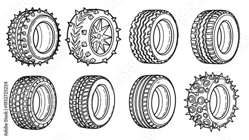Hand Drawn Tire Doodles Set, Black Wheel Shapes with Spikes and Grooves Vector Collection
