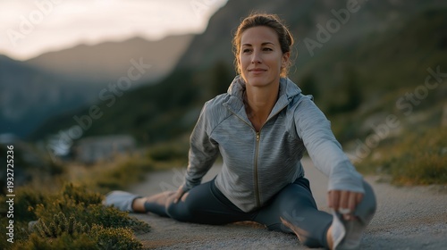 Athlete stretching in premium activewear on a misty mountain trail at sunrise, perfect for sportswear brand promotion, athletic lifestyle marketing, fitness product branding, modern sport, and