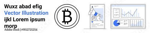 Bitcoin logo, smartphone ad with a megaphone, graphs showcasing financial data and analytics. Ideal for cryptocurrency, blockchain, finance, marketing, analytics, fintech simple landing page