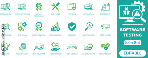 software testing solid icon set. Vector symbols for bug tracking, automation, performance, security, and manual QA process for web and app development. Perfect icons collection.