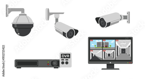 An illustration of a complete security system featuring three distinct cameras, a DVR unit, and a monitor displaying a four-panel live feed on a white background.