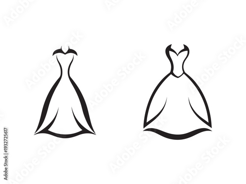 Elegant black line art of two female dress silhouettes with heart shaped neckline on white background  fashion illustration