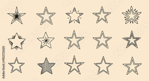 Hand drawn star icon set with line art doodle style