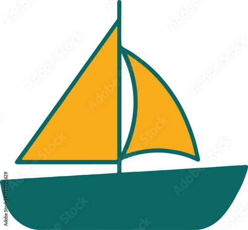 A simple graphic illustration of a sailboat with yellow sails and green hull