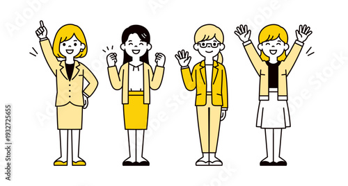 元気にポーズをとる、複数の若い女性社員・キャリアウーマンの全身ベクターイラスト素材セット