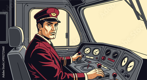 An illustration of a focused train engineer wearing a red uniform and hat, operating controls within the locomotive cab, depicted in a vintage, stylized art style.