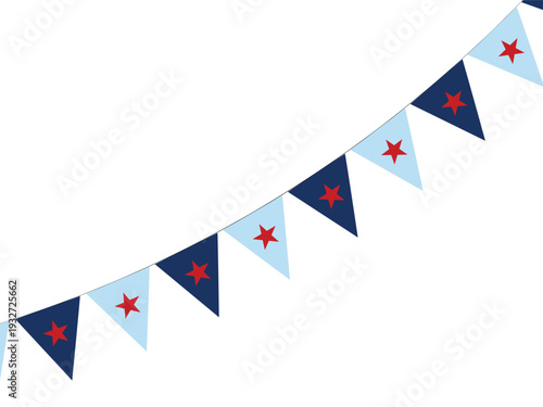 Patriotic star bunting flags wave on a string.