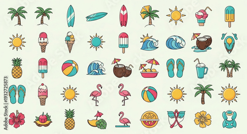 Collection of colorful summer icons representing beach, vacation, and tropical elements.