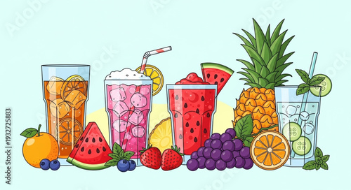 Refreshing assortment of vibrant fruit beverages, perfect for summer enjoyment and refreshment.