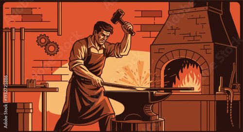 Illustration of a blacksmith in an apron hammering hot metal on an anvil, with a fiery forge in the background in shades of orange and brown.