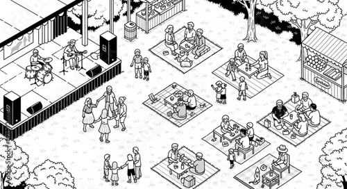 Outdoor event featuring a stage, performers, and numerous people enjoying the gathering.