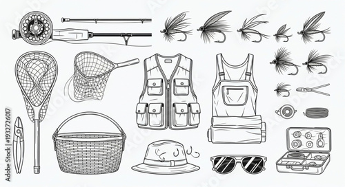 Detailed illustration of fishing equipment, including rods, flies, and accessories.