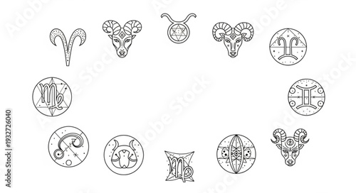 Zodiac Signs Circular Arrangement Depicting Astrological Symbols and Constellations.