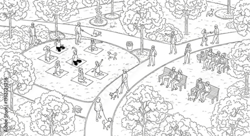 Detailed illustration of a forest camp with various structures and figures engaged in activities.