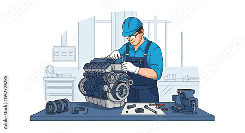 Illustration of a mechanic repairing a car engine on a workbench in a workshop, wearing blue overalls and a helmet. Automotive repair, service concept.
