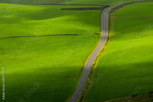 Aerial View of Winding Road Through Lush Green Fields