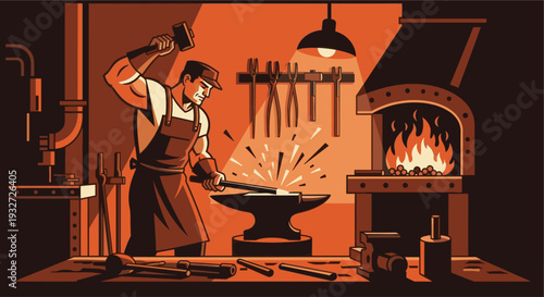 Illustration of a blacksmith forging a metal bar on an anvil with a hammer inside his workshop, evoking themes of craftsmanship and manual labor.