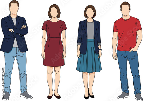 Diverse group of people in business casual attire, men and women standing together, vector illustration for teamwork and professional community concepts