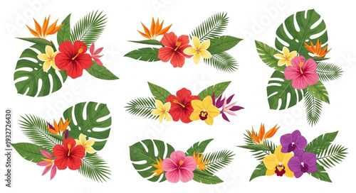 Vibrant tropical flower arrangements with lush green foliage and colorful blossoms.