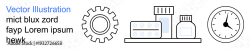 Industry, healthcare, time management, pharmaceutical production, medical services, efficiency. Gear, medicine bottles pills and a clock. Industry and healthcare