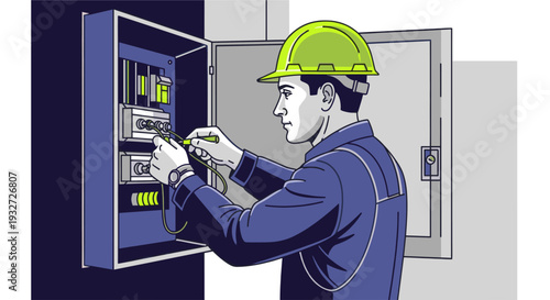 Illustration of an electrician in workwear using a tester in a electrical panel, ideal for illustrating maintenance, repair, and electrical safety concepts.