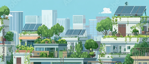 Innovative Eco-friendly Urban Design: Futuristic Cityscape with Greenery and Solar Architecture
