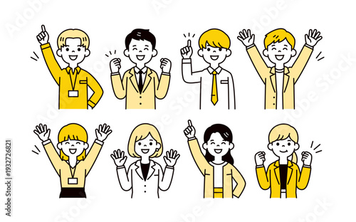 様々なポーズをとる、若い元気なビジネスパーソンのシンプルな上半身ベクターイラスト素材セット