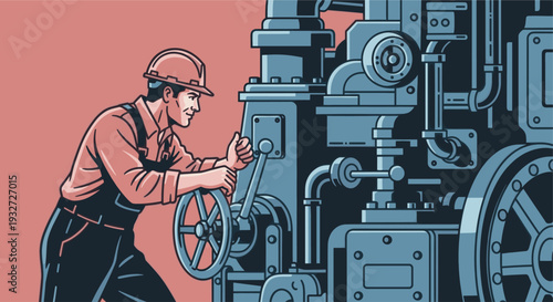 Illustrated man with a hard hat operates a large, complex blue industrial machine, featuring pipes, gears and wheels, set against a muted salmon background.