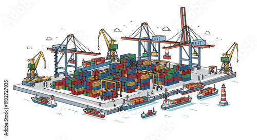 A bustling isometric shipping port with cranes, containers, and ships.