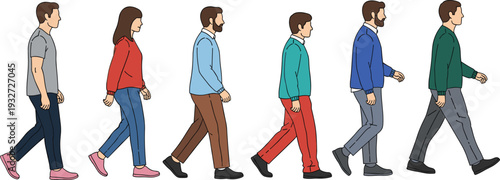 Diverse group of people walking sequence, men and women in casual clothes side view walking cycle motion illustration