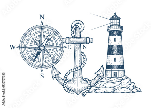 Nautical compass anchor and lighthouse illustration vector marine navigation