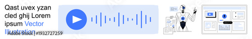 Digital marketing, content creation, online learning, audiobooks, podcast platforms, user interaction. Play button with sound waves, technical elements. Digital marketing and content creation concept