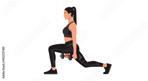 Woman in black activewear performing a lunge with one dumbbell.