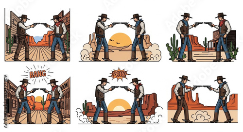 Cowboys in a standoff, ready to draw their weapons in a duel.