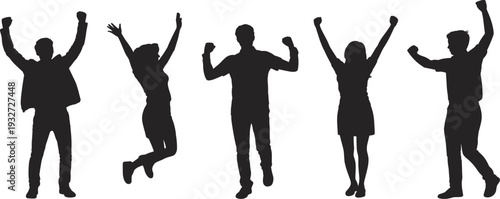 Five black silhouettes of people celebrating with raised arms, jumping and dancing in joyful poses, illustration for success, achievement, teamwork, motivation, and creative projects