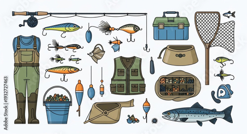 Fishing gear collection illustration, various equipment for angling and catching fish.