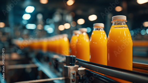orange juice bottle assembly line in food factory featuring conveyor transport automated filling packaging systems and efficient beverage manufacturing technology