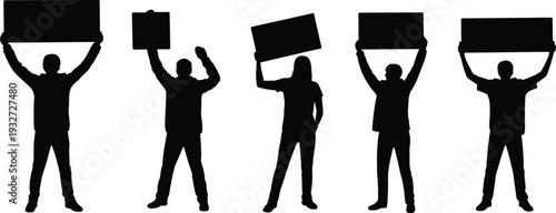 Silhouette figures holding blank protest signs in unity, standing together in demonstration, activism, social movement, freedom of speech, equality, and political awareness illustration